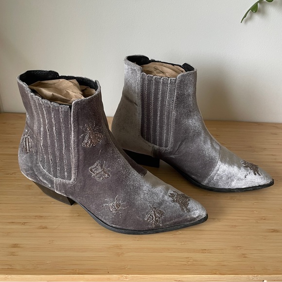 Topshop Women's Gray Velvet Cowboy Boots Embroidered Silver Insects 35 5 - Picture 5 of 12
